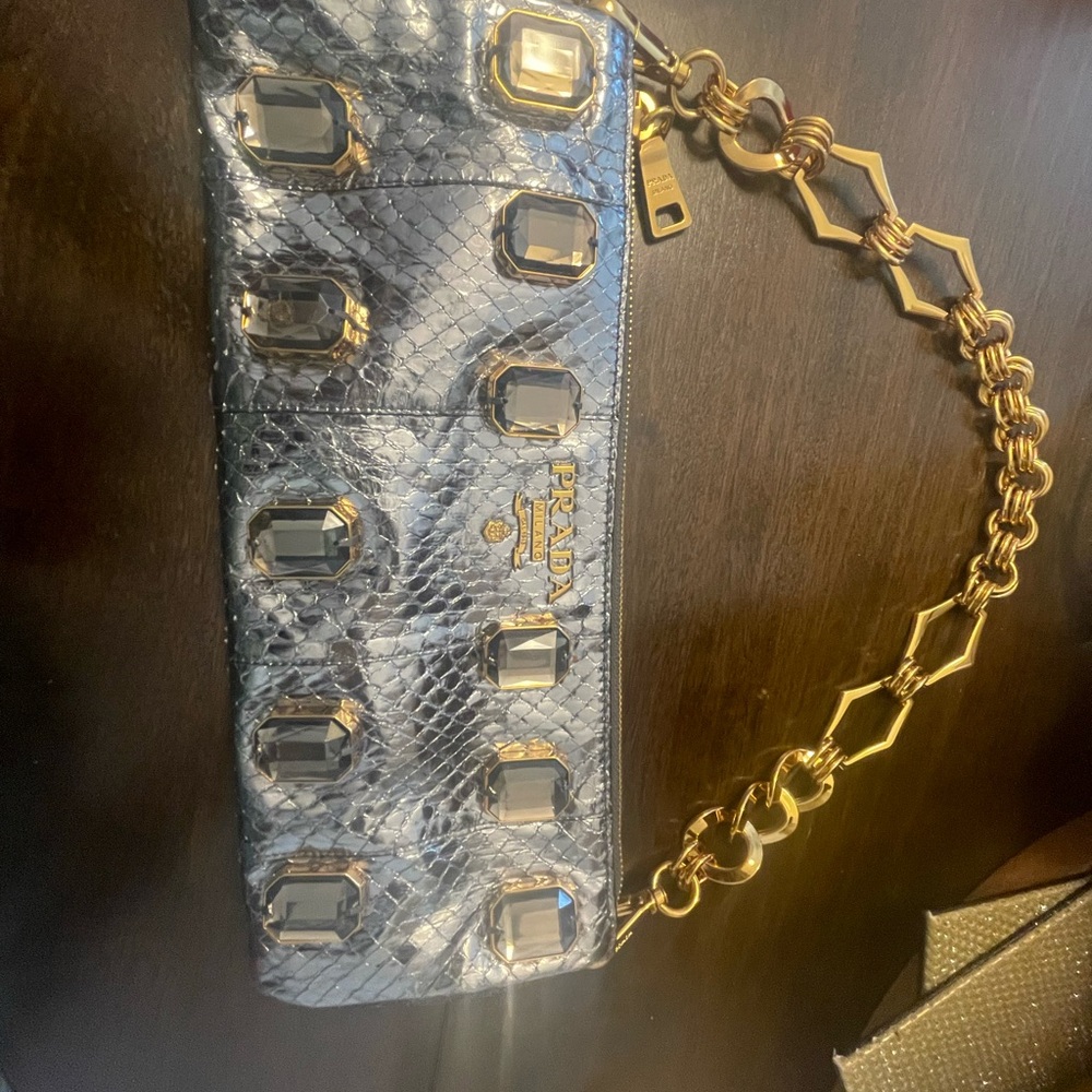 Authentic Prada Silver and Gold Quilted Clutch with Chain